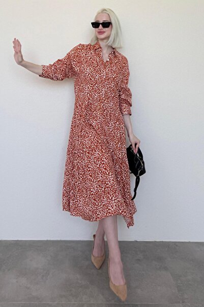 Madmext Turuncu Uzun Kollu Düğmeli Desenli Elbise Mg2431