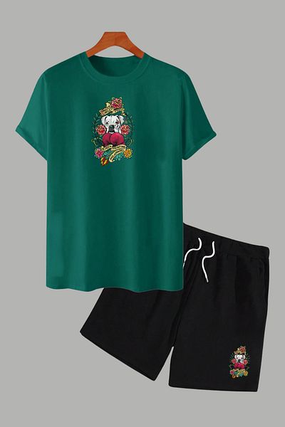 MELADYAN Boxer Dog Printed Green T-Shirt Black Shorts Bottom Top Set