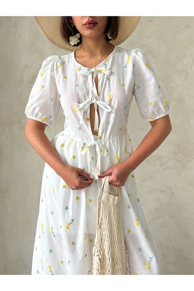 Miss Allos Women's Floral Print Hem Flounce Tie Front Blouse