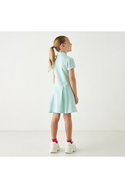 Juniors Solid Polo Neck Dress With Short Sleeves