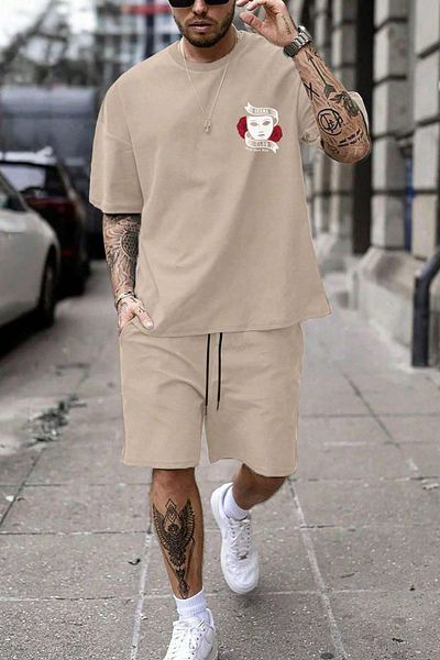 MELADYAN Dramaclubtop Printed Beige T-Shirt Beige Shorts Bottom Top Set