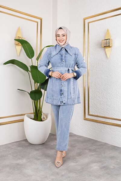 HARMAN BUTİK Kadın Düğmeli Kuşaklı 2Li Kot Takım