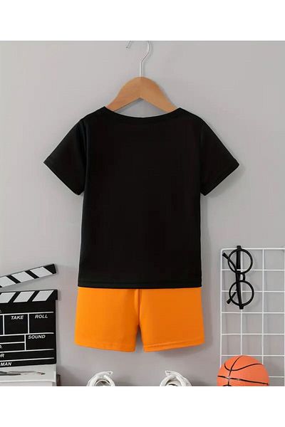 vinraus Girl\Boy Black-Orange Basketball Tournament Printed Shorts-Tshirt Set