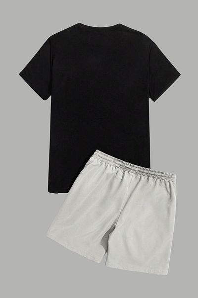 MELADYAN Boxer Dog Printed Black T-Shirt Gray Shorts Bottom Top Set