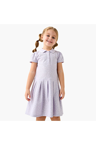 Juniors All-Over Polka Dot Print A-Line Polo Dress With Short Sleeves