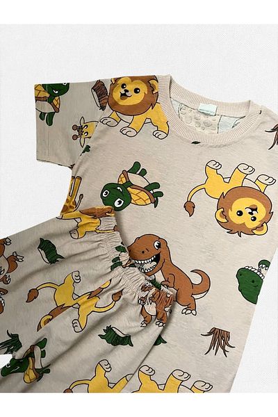 TOFU KİDS Boy's Cotton Beige Color Turtle Safari Patterned Short Sleeve Shorts Summer Pajama Suit