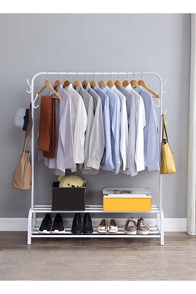 Taimi Heavy Duty Closet Organizer Metal Garment Rack Shoes Storage Hanger Metal 110x35x146cm White