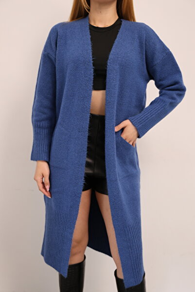 ALCHON U-подібний виріз, довгі рукави, міді довжина, м'яка тканина, кишені, простий базовий дизайн, прямий крій, зимовий та осінній трикотажний кардиган.