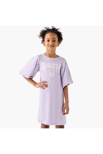 Juniors Printed A-Line Dress With Round Neck And Balloon Sleeves
