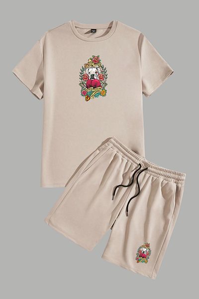 MELADYAN Boxer Dog Printed Beige T-Shirt Beige Shorts Top Bottom Set