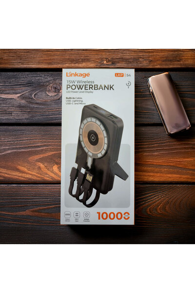 Linkage 15W Kablosuz Powerbank 10000 mAh LED Ekranlı Type-C Lightning Micro USB Dahili Kablo