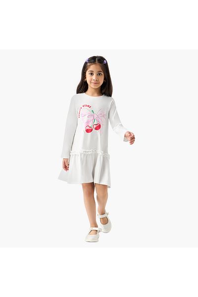 Juniors Cherry Print Drop Waist Dress With Round Neck