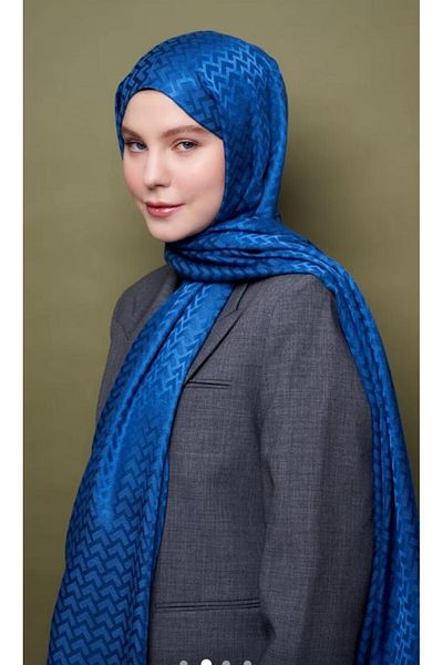 Modakaşmir Indigo Colored Silky Jacquard V Patterned Shawl