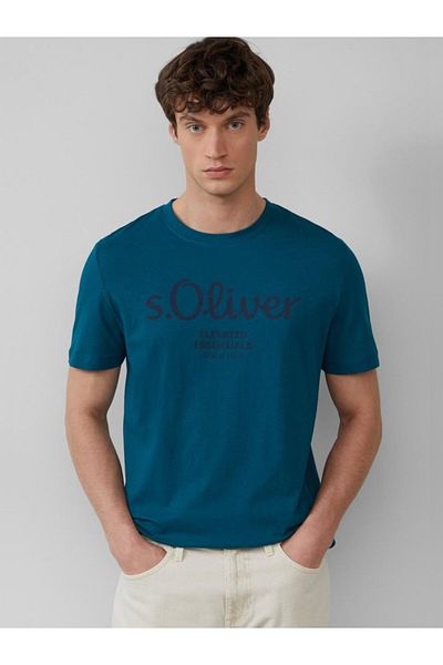 s.Oliver Men's T-shirt With Logo Print And Crew Neck, Regular Fit, Turquoise, Xl