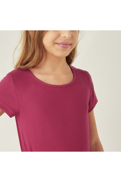 Juniors Ribbed A-Line Dress With Round Neck And Short Sleeves