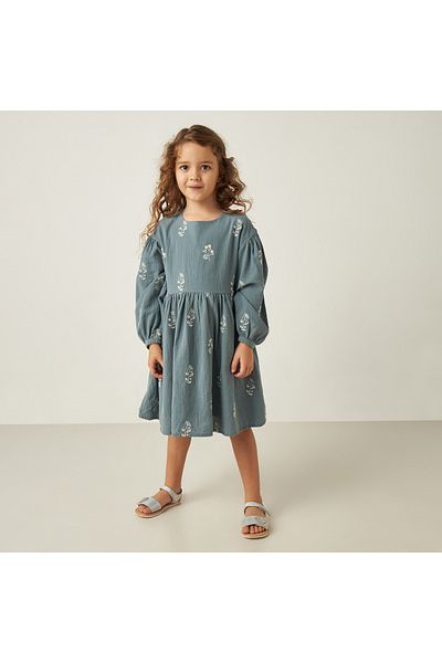 Juniors All-Over Floral Embroidered A-Line Dress With Round Neck And Long Sleeves