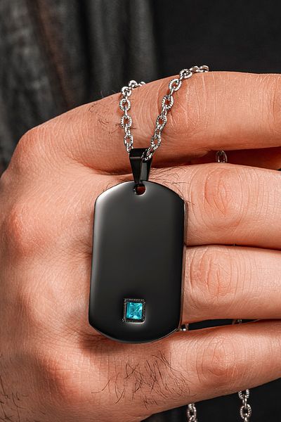 OSMANLI GÜMÜŞ Steel Nova Steel Men's Necklace Blue Zircon Stone Black Tag Does Not Tarnish