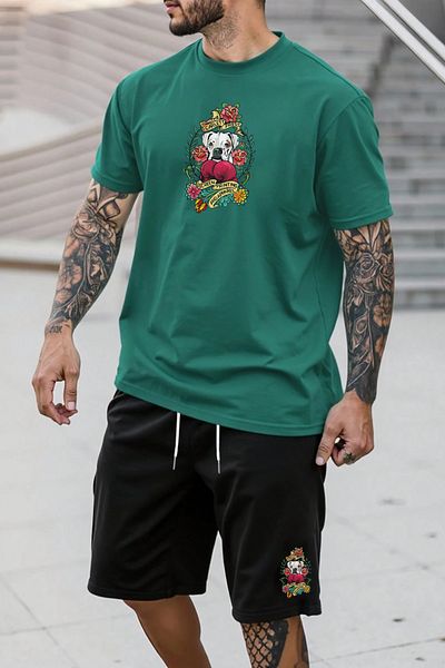 MELADYAN Boxer Dog Printed Green T-Shirt Black Shorts Bottom Top Set