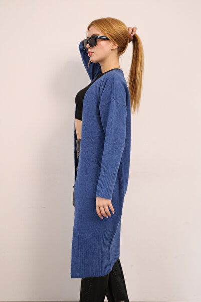 ALCHON U-подібний виріз, довгі рукави, міді довжина, м'яка тканина, кишені, простий базовий дизайн, прямий крій, зимовий та осінній трикотажний кардиган.