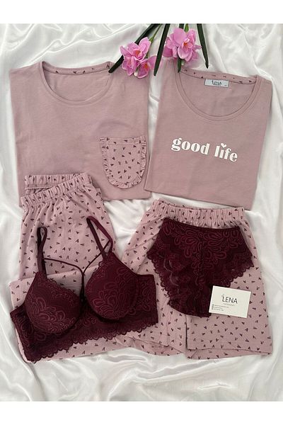 Lena Homewears Set de pijamale cu mâneci scurte și pantaloni scurți pentru femei Minies Plum