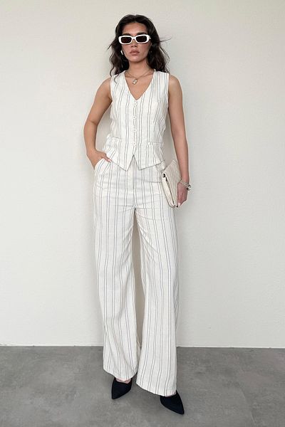 Madmext Ecru Striped Linen Trousers Vest Women's Suit Mg2444