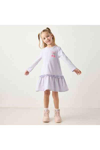 Juniors Bow Print Drop Waist A-Line Dress With Long Sleeves