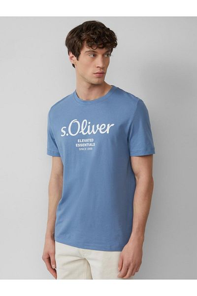 s.Oliver Tricou bărbătesc cu imprimeu logo și guler rotund, Croială regulată, Albastru deschis, Mărimea L