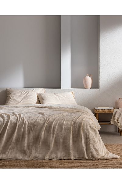 Madame Coco Agnes King Size Muslin Yarn Dyed Elastic Duvet Cover Set - Beige