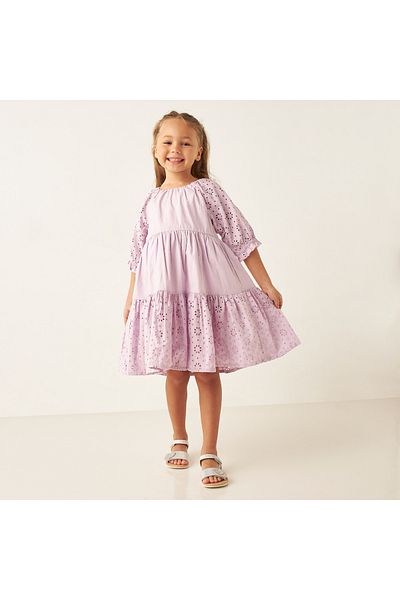 Juniors Tiered A-Line Dress With Schiffli Detail And Short Sleeves