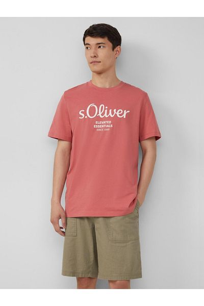 s.Oliver Men's T-shirt With Logo Print And Scoop Neck, Regular Fit, Dusty Pink, 2xl
