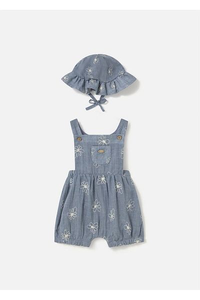 MAYORAL Baby Girl Floral Embroidered Hat Short Jumpsuit Blue 1665