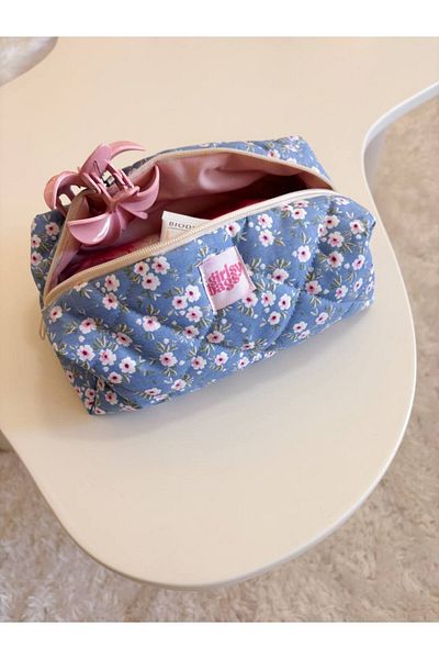 girlsybags Geantă de machiaj cu flori albastre, cu model de flori, geantă portofoliu cu fermoar de dimensiuni mari și mici