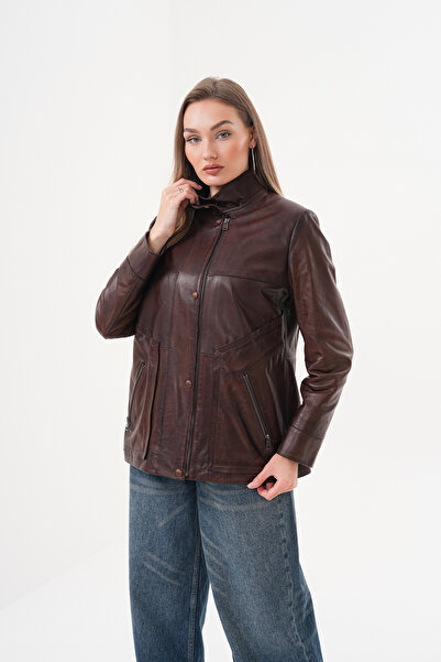 Metins Leather Kadın Kahverengi Astarlı Hakiki Deri Mont 152Wax