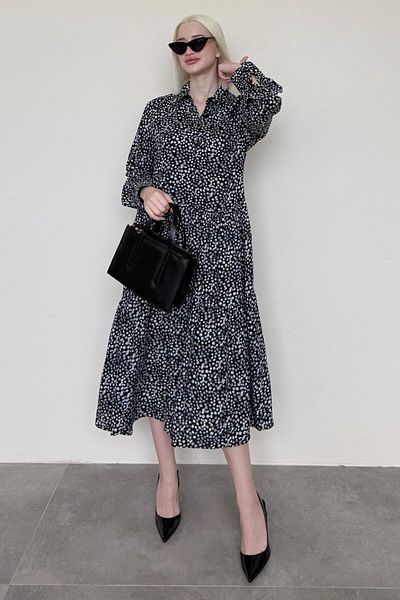 Madmext Black Long Sleeve Buttoned Patterned Dress Mg2431