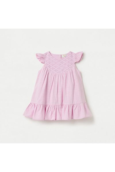 Juniors Schiffli Textured A-Line Dress With Cap Sleeves And Snap Button Closure