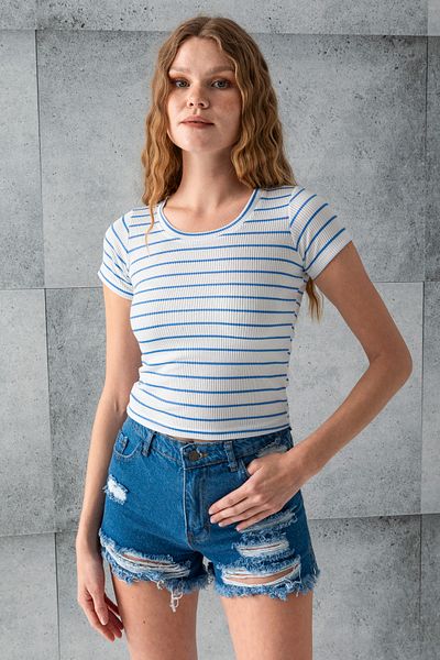 GİYSA Body cu mânecă scurtă cu gât și dungi pentru femei, albastru 25506
