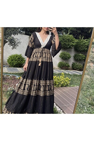 Lavanta Tekstil Nakış Desen Güpür Detaylı Elbise
