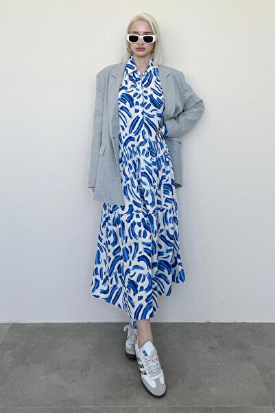 Madmext Saks Uzun Kollu Düğmeli Desenli Elbise Mg2431