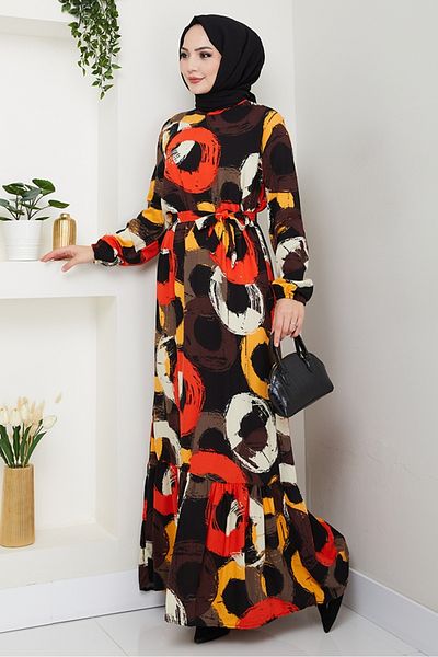 Bestenur Ring Pattern Woven Viscose Dress 1471 - Black
