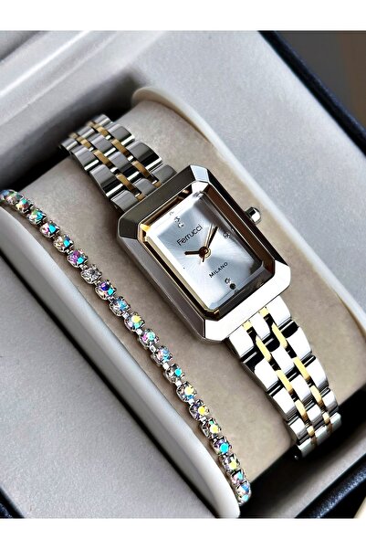 Ferrucci Altın Gümüş Renk Minimal Kasa Çelik Kordon Kadın Kol Saati + BİLEKLİK