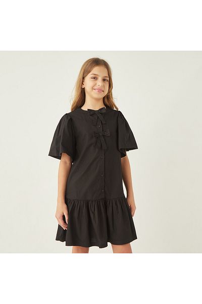 Juniors Solid Drop Waist Dress With Bow Applique And Flutter Sleeves