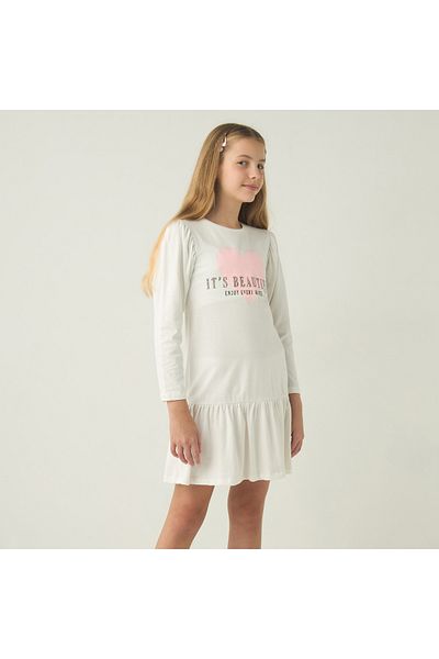 Juniors Slogan Print Drop Waist A-Line Dress With Long Sleeves