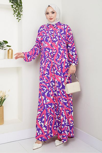Bestenur Stripe Pattern Buttoned Woven Viscose Dress 1481 - Purple
