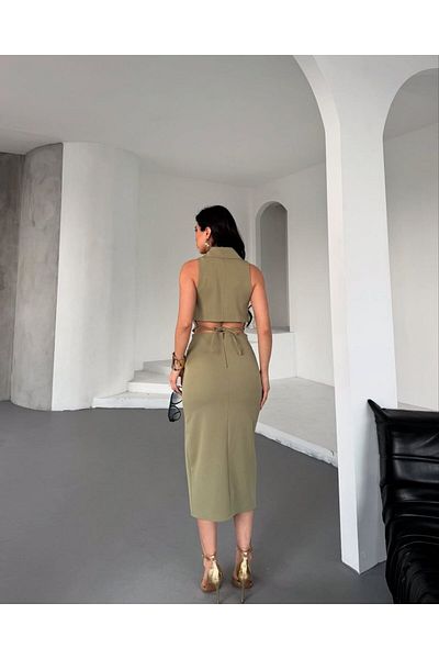 369 etnik butik Double Women's Set with High Waist Slit Detailed Buttoned Vest