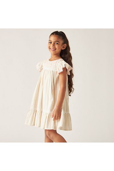 ELIGO Striped Dress With Embroidered And Smocked Detail