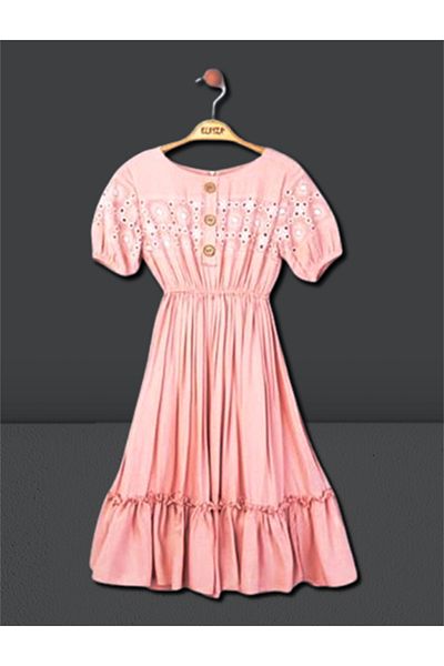 Elayza Rochie cu nasturi cu broderie si talie elastica pentru fete