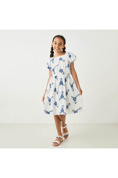 ELIGO Floral Embroidered A-Line Dress With Puff Sleeves