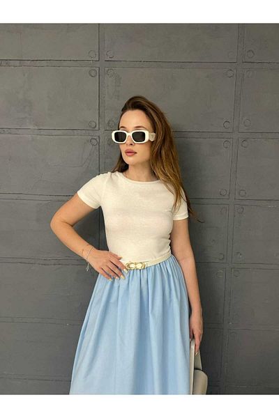 LE CARAMBOLE Rochie lungă albastră albă cu centură de damă
