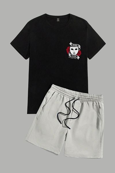 MELADYAN Dramaclubtop Printed Black T-Shirt Gray Shorts Bottom Top Set