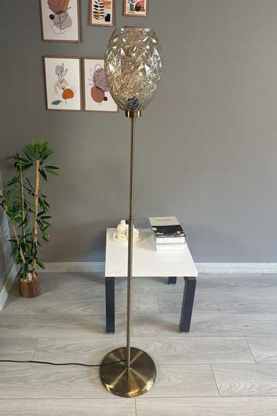 Bamyum Veltro Cam Bal Rengi Düz İnce Gövde Lambader Modern Oturma Odası